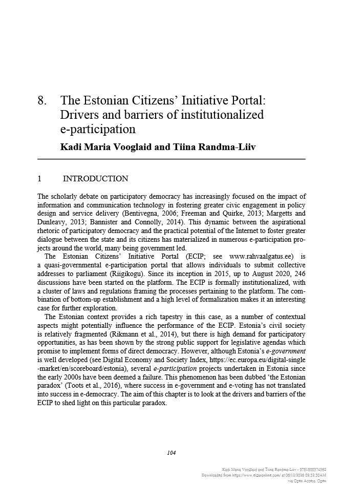 The Estonian Citizens Initiative Portal: Drivers and barriers of institutionalized e-participation