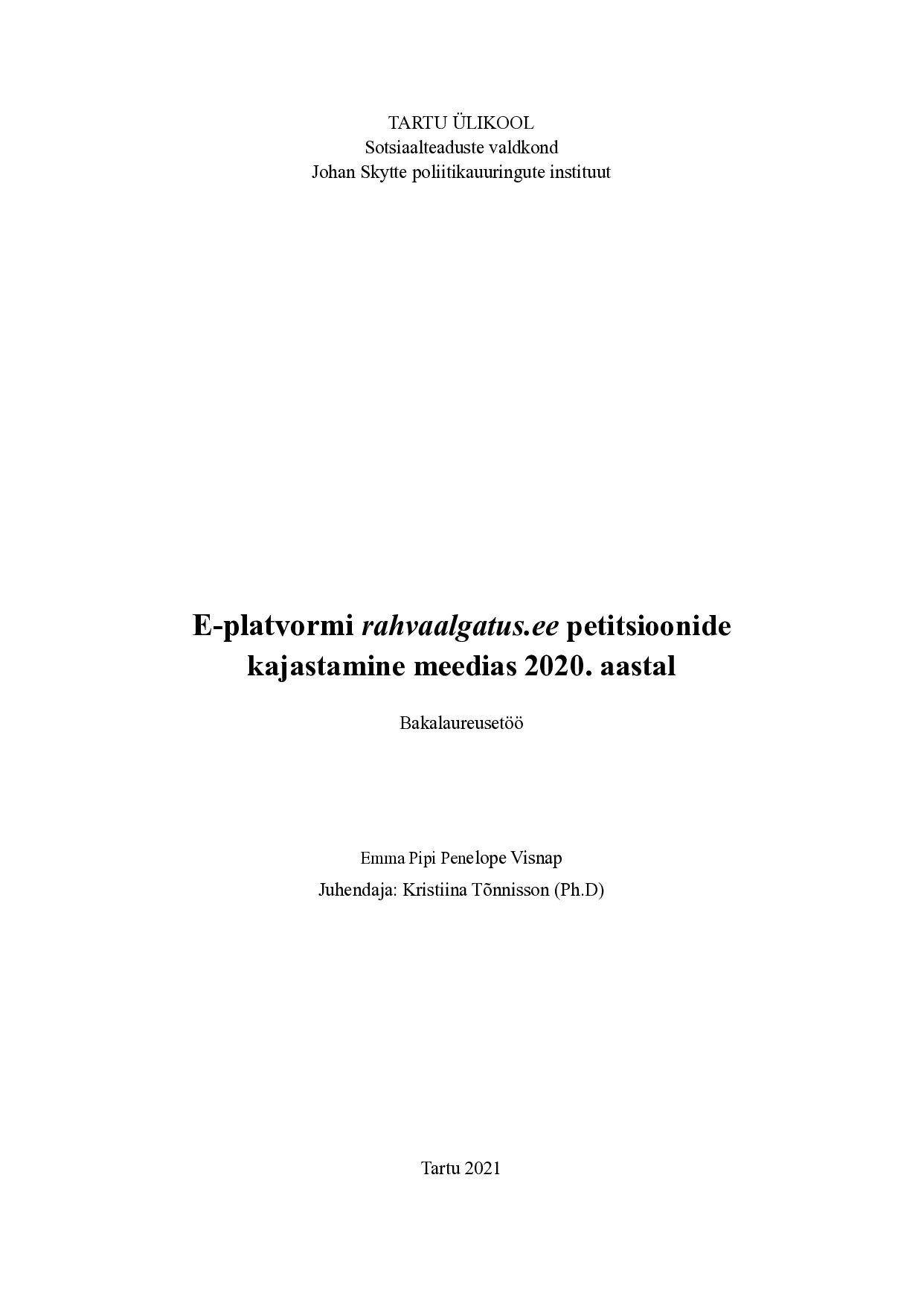 E-platvormi rahvaalgatus.ee petitsioonide kajastamine meedias 2020. aastal